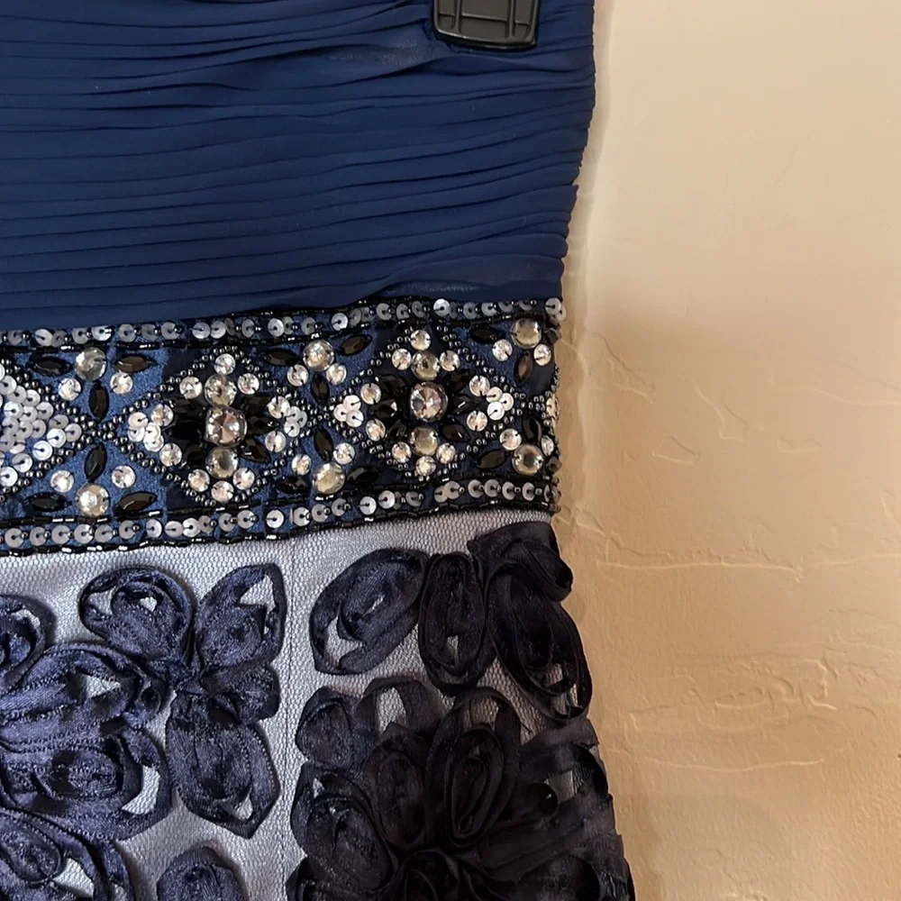 SUE WONG Blue Embellished and Embroidered Ribbon Floral Strapless Dress - Picture 4 of 11
